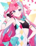  1girl :q aqua_bow aqua_eyes aqua_hair aqua_neckwear arm_ribbon artist_name bangs black_gloves black_sports_bra blush bow bowtie confetti flat_chest gloves hair_ornament half_gloves hand_on_hip highres long_hair looking_at_viewer loose_bowtie multicolored_bow multicolored_hair patzzi pink_hair pinky_pop_hepburn pinky_pop_hepburn_official red_bow ribbon single_strap solo sports_bra tongue tongue_out two-tone_hair two_side_up upper_body very_long_hair virtual_youtuber w x_hair_ornament 