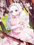  :d albino blouse bow cherry_blossoms cowboy_shot dress eyebrows_visible_through_hair frilled_hairband frills hairband hinare_(hinare777) long_hair looking_at_viewer open_mouth original pink_bow pink_dress pink_eyes pink_hairband smile solo tree white_blouse white_hair 