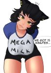  2017 absurd_res animal_humanoid big_breasts black_hair breasts cat cat_humanoid clothed clothing deee dialogue ear_piercing english_text faunus feline female hair hanging_breasts hi_res humanoid kali_belladonna mammal mature_female mega_milk meme mother parent piercing rwby shorts simple_background solo text thick_thighs yellow_eyes 