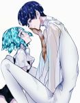  2others androgynous aqua_eyes aqua_hair bangs blue_hair blunt_bangs chin_rest colored_eyelashes crystal_hair dual_persona face-to-face gem_uniform_(houseki_no_kuni) golden_arms houseki_no_kuni looking_at_another multiple_others multiple_persona phosphophyllite phosphophyllite_(ll) saku_(saku5991) see-through_sleeves short_hair spoilers white_background white_eyes 
