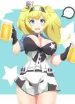  absurdres alcohol beer belt black_bra blonde_hair blue_background blue_eyes blue_shirt bra breasts cleavage commentary_request cowboy_shot gambier_bay_(kantai_collection) gloves hair_between_eyes hairband headgear highres kantai_collection large_breasts long_hair minami_osu multicolored multicolored_clothes multicolored_gloves multicolored_hairband multiple_girls open_clothes open_mouth open_shirt pun shirt shorts spoken_sweatdrop star starry_background sweatdrop twintails underwear white_shorts 