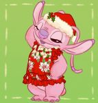  2015 alien angel_(lilo_and_stitch) antennae christmas clothing disney dress experiment_(species) female hand_on_hip holidays kurokuma824 lei lilo_and_stitch one_eye_closed open_mouth open_smile pink_body pose purple_nose small_tail smile solo standing wink 