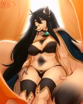  anthro breasts canine clothed clothing female fox hair legwear long_hair looking_at_viewer makeup mammal mascara nasusbot sitting skimpy slightly_chubby smile solo thigh_highs underwear 