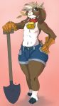  anthro bell blush caprine clothed clothing collar girly gloves goat holding_object holding_tool horn karakylia looking_at_viewer male mammal nipples shorts shovel simple_background smile solo sweat topless wheat 
