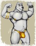  anthro bear bulge clothing flexing jockstrap looking_at_viewer male mammal musclegut muscular muscular_male nipple_piercing nipples penis piercing polar_bear smile solo standing tilionmaia underwear 