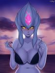  1girl :p bare_shoulders bikini breasts cleavage evelynn eyes kidkuo league_of_legends looking_at_viewer navel swimsuit tongue tongue_out yellow 