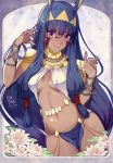  :p animal_ears artist_name blue_hair bracelet breasts character_name dark_skin dated earrings facial_mark fate/grand_order fate_(series) flower hairband highres hoop_earrings jackal_ears jewelry long_hair looking_at_viewer medium_breasts navel nitocris_(fate/grand_order) pink_eyes rei_(pixiv_187780) smile solo tongue tongue_out underboob very_long_hair 