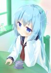  1girl :t alternate_costume anger_vein arm_support artist_name bangs blue_eyes blue_flower blue_hair blush chair closed_mouth commentary_request cup day eyebrows_visible_through_hair flower gochuumon_wa_usagi_desu_ka? hair_between_eyes highres indoors kafuu_chino long_hair long_sleeves looking_at_viewer neckerchief pout purple_flower red_flower red_neckwear saucer school_uniform serafuku shiraki_shiori shirt sitting sleeves_past_fingers sleeves_past_wrists solo sunlight table vase very_long_hair white_shirt window yellow_flower 