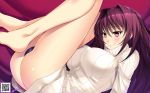  ass bare_legs barefoot black_panties breasts covered_nipples fate/grand_order fate_(series) highres large_breasts long_hair lying on_back panties purple_eyes purple_hair ribbed_sweater scathach_(fate)_(all) scathach_(fate/grand_order) solo sweater tsurugi_ai_(seikan_hitchhiker) underwear 