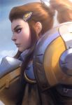  armor blue_sky brigitte_(overwatch) brown_armor brown_eyes brown_hair closed_mouth cloud commentary day expressionless eyelashes freckles from_side hair_ornament highres light_rays lips long_hair looking_away outdoors overwatch ponytail profile sidelocks signature sky stanley_lau sunlight upper_body 