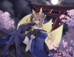  animal_ears bell blue_legwear breasts cleavage fate/grand_order fate_(series) flower fox_ears fox_tail full_moon highres japanese_clothes kaerude123 large_breasts moon multiple_tails off_shoulder outdoors petals pink_hair sitting solo tail tamamo_(fate)_(all) tamamo_no_mae_(fate) thighhighs tree yellow_eyes 
