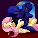  2018 absurd_res anus butt cutie_mark digital_media_(artwork) duo equine feathered_wings feathers female female/female feral fluttershy_(mlp) friendship_is_magic hair hi_res hooves horn kloudmutt long_hair lying mammal my_little_pony on_back pegasus pink_hair princess_luna_(mlp) puffy_anus winged_unicorn wings 