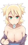  1girl blonde_hair blush breasts cleavage condom condom_in_mouth eyebrows green_eyes long_hair naruto simple_background solo temari tied_hair white_background 