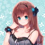  aqua_background aqua_eyes bad_id bad_pixiv_id bangs bare_shoulders black_hairband black_ribbon blush breasts brown_hair cleavage closed_mouth collarbone eyebrows_visible_through_hair floral_background hair_ribbon hairband long_hair looking_at_viewer lowres medium_breasts off_shoulder original pf ribbon smile solo tareme upper_body wrist_cuffs 