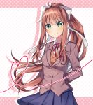  arms_behind_back bangs blazer blue_skirt blush bow breasts brown_jacket closed_mouth collared_shirt commentary doki_doki_literature_club eyebrows_visible_through_hair green_eyes hair_between_eyes hair_bow head_tilt heart high_ponytail jacket long_hair medium_breasts minamiya_mia monika_(doki_doki_literature_club) neck_ribbon pleated_skirt polka_dot polka_dot_background ponytail red_ribbon ribbon shirt sidelocks skirt smile solo sweater_vest very_long_hair white_bow white_shirt 