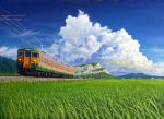  calligraphy_brush_(medium) cloud day field graphite_(medium) gravel ground_vehicle hill house landscape mountainous_horizon no_humans oil_painting_(medium) original pantograph power_lines railroad_tracks rice_paddy rural scenery sky summer texture traditional_media train 