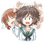  :d adjusting_hair akiyama_yukari bangs black_neckwear blouse brown_eyes brown_hair closed_eyes commentary cropped_torso empty_eyes eyebrows_visible_through_hair girls_und_panzer hand_in_another's_hair kitayama_miuki long_sleeves looking_at_viewer messy_hair motion_blur multiple_girls neckerchief nishizumi_miho ooarai_school_uniform open_mouth peeking_out school_uniform serafuku short_hair simple_background smile standing upper_body white_background white_blouse 