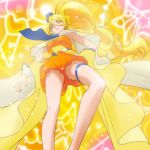  blonde_hair cure_etoile from_below hair_ornament hand_on_hip haruyama_kazunori hugtto!_precure kagayaki_homare leg_garter legs long_hair magical_girl ponytail precure solo standing star star_hair_ornament 