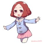  :d blue_jacket brown_eyes brown_hair commentary_request do_m_kaeru jacket okumura_haru open_mouth outstretched_arms pantyhose persona persona_5 pink_skirt pleated_skirt short_hair skirt smile spread_arms twitter_username white_legwear 