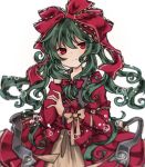  bangs blush commentary_request dress green_hair hair_ribbon holding kagiyama_hina long_hair looking_at_viewer multicolored multicolored_clothes multicolored_dress red_eyes red_ribbon ribbon sato_imo solo touhou white_background 