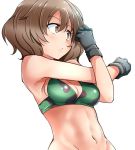  abs akiyama_yukari alternate_costume armpits bangs bikini_top black_gloves breasts brown_eyes brown_hair camouflage camouflage_bikini_top cleavage closed_mouth commentary eyebrows_visible_through_hair frown girls_und_panzer gloves green_bikini_top kitayama_miuki looking_to_the_side medium_breasts messy_hair navel short_hair simple_background solo standing stretch upper_body white_background 