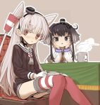  2girls amatsukaze_(kantai_collection) anchor_symbol black_hair book brown_background brown_dress brown_eyes cat chair commentary_request cup dress garter_straps gloves gradient_hair hair_tubes hat kantai_collection long_hair mini_hat monaka_ooji mug multicolored_hair multiple_girls red_legwear sailor_dress short_dress short_hair short_hair_with_long_locks sidelocks silver_hair simple_background single_glove sitting steam striped striped_legwear table thighhighs tokitsukaze_(kantai_collection) two_side_up windsock 