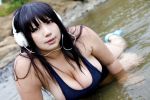  1girl black_hair blue_eyes breasts chouzuki_maryou cosplay headphones hips idumi_hoshi idumi_hoshi_(cosplay) large_breasts little_mermaid_alone photo plump solo thick_thighs thighs wide_hips 