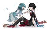  artist_name asuku_(69-1-31) asymmetrical_wings black_hair black_legwear blue_hair blue_vest bow bowtie brown_footwear commentary_request facing_another flying_sweatdrops from_side highres houjuu_nue juliet_sleeves kneeling long_sleeves looking_at_another mary_janes medium_hair multiple_girls pixiv_id puffy_sleeves red_bow red_footwear sandals shoe_bow shoes short_sleeves sitting tatara_kogasa thighhighs touhou vest white_background wings wristband 