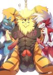  ! 2018 anthro anthrofied arcanine balls black_fur black_nose blue_fur blush bna_v5 bukkake chained claws cum cumshot ejaculation erection eyes_closed fur green_eyes group looking_at_viewer lucario lycanroc male male/male midnight_lycanroc muscular muscular_male nintendo orange_fur orgasm penis pink_eyes pok&eacute;mon pok&eacute;mon_(species) red_eyes red_fur simple_background standing text video_games white_background white_fur 