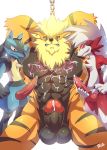  ! 2018 anthro anthrofied arcanine balls black_fur black_nose blue_fur blush bna_v5 bukkake chained claws cum cum_on_stomach erection fur green_eyes group looking_at_viewer lucario lycanroc male male/male midnight_lycanroc muscular muscular_male nintendo orange_fur penis pink_eyes pok&eacute;mon pok&eacute;mon_(species) red_eyes red_fur simple_background standing text video_games white_background white_fur 