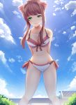  alternate_hair_length alternate_hairstyle arms_behind_back backlighting bangs bikini blue_sky bow breasts cleavage closed_mouth cloud collarbone commentary day doki_doki_literature_club eyebrows_visible_through_hair feet_out_of_frame from_below front-tie_bikini front-tie_top green_eyes hair_bow hair_intakes highres house leaning_forward legs_apart medium_breasts mismatched_bikini monika_(doki_doki_literature_club) navel outdoors pink_bikini_top pink_bow pink_ribbon ribbon side-tie_bikini sidelocks sky smile solo standing stomach sunlight swimsuit tied_hair tsukimaru white_bikini_bottom 