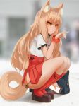  absurdres animal_ear_fluff animal_ears bag bag_charm bangs black_footwear blonde_hair blurry blurry_background blush cellphone charm_(object) closed_mouth commission day ehrrr eyebrows_visible_through_hair fate/extra fate_(series) fox_ears fox_girl fox_shadow_puppet fox_tail from_side full_body hakama_skirt high-waist_skirt highres holding holding_phone kneehighs long_hair looking_at_viewer looking_to_the_side medium_skirt outdoors phone pouty_lips red_legwear red_scrunchie red_skirt ribbon-trimmed_skirt ribbon_trim school_bag scrunchie shirt shoes short_sleeves skirt smartphone solo squatting suzuka_gozen_(fate) tail thighs tsurime very_long_hair white_shirt wrist_scrunchie yellow_eyes 