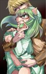  1girl akiho_(akinomegumi) animal_ears arm_grab blonde_hair blush breasts cheadle_yorkshire clenched_teeth commentary_request dog_ears dog_girl dog_tail furry glasses green_hair hat hetero hunter_x_hunter long_hair medium_breasts nipples open_clothes pariston_hill tail teeth 
