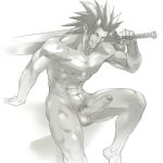  1boy dizdoodz erection final_fantasy final_fantasy_vii male_focus nude penis presenting sitting smile solo weapon zack_fair 