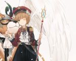  ;) animal ascot badge bangs black_skirt blunt_bangs brooch brown_hair cardcaptor_sakura closed_eyes closed_mouth crescent crescent_moon_pin dangmill epaulettes eyebrows_visible_through_hair feathered_wings feathers frilled_sleeves frills gem green_eyes hat headpiece holding holding_wand jacket jewelry kerberos kinomoto_sakura long_skirt long_sleeves nail_polish nuzzle one_eye_closed open_clothes open_jacket petals red_hat red_jacket ring short_hair simple_background skirt smile star wand white_background white_nails white_wings wings 