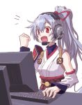  fate/grand_order fate_(series) graphite_(medium) grey_hair hair_ribbon headphones japanese_clothes kotentsu open_mouth playing_games ponytail red_eyes ribbon smile solo tomoe_gozen_(fate/grand_order) traditional_media 