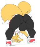  2018 anthro argento balls big_balls blue_eyes bulge canine clothed clothing dipstick_tail footwear fox male mammal miles_prower multi_tail multicolored_tail pants shoes solo sonic_(series) topless yoga_pants 