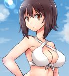  bangs bikini breasts brown_eyes brown_hair cleavage closed_mouth cloud cloudy_sky commentary criss-cross_halter day front-tie_bikini front-tie_top girls_und_panzer halterneck hand_on_hip kitayama_miuki light_frown looking_at_viewer medium_breasts nishizumi_maho outdoors short_hair sky solo standing swimsuit upper_body white_bikini 