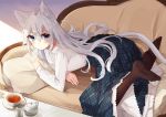  :o animal_ears antenna_hair bangs blue_eyes blue_skirt blush cat_ears cat_tail chaise_longue couch creamer_(vessel) cup eyebrows_visible_through_hair highres long_skirt long_sleeves looking_at_viewer no_shoes nuko_miruku on_couch original pantyhose parted_lips petticoat pillow plaid plaid_skirt shiny shiny_hair shirt skirt table tail tea teacup teapot underskirt white_hair white_shirt 