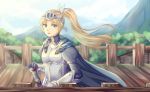  armor blonde_hair blue_eyes bracer breastplate cape forte_(rune_factory) gloves hair_ornament long_hair ponytail rune_factory solo sword user_gtg0024 visor_(armor) weapon 