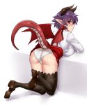  2018 animal_humanoid bent_over blush breasts butt clothed clothing dragon_humanoid female footwear granblue_fantasy grea hair horn humanoid legwear panties pointy_ears purple_hair rear_view red_eyes shirt shoes short_hair simple_background skirt solo stockings sweat tail_upskirt thigh_highs twrlare underwear upskirt white_background wings 