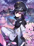  black_cape black_hat brand_name_imitation cape cherry_blossoms city danganronpa fanta flipped_hair hair_between_eyes hat highres kyundoo looking_at_viewer male_focus new_danganronpa_v3 ouma_kokichi outstretched_hand pants peaked_cap purple_eyes purple_hair sitting smile solo twitter_username white_pants 