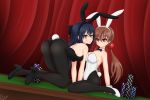  00s 2girls 90s agent_aika alisa_southerncross all_fours alternate_costume animal_ears artist_name ass bangs bare_arms bare_shoulders black_footwear black_leotard black_pantyhose blue_hair bow breasts brown_eyes bunny_ears bunny_girl bunny_tail bunnysuit casino_tokens cleavage crossover crotch dated delmo detached_collar eyebrows eyebrows_visible_through_hair fake_animal_ears female golden_delmo hair_bobbles hair_bow hair_ornament hair_ribbon hairband high_heels highres keroro_gunsou leotard long_hair looking_at_viewer low_twintails multiple_girls orange_hair pantyhose petoriyacowa_rie pilen pink_eyes pixiv poker_chip shoes sitting tail text thighs twintails very_long_hair white_footwear white_leotard wrist_cuffs 