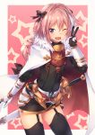  ;d arm_at_side arm_guards astolfo_(fate) bangs black_bow black_dress black_legwear blush border bow braid buckle cape cowboy_shot dress emblem eyebrows_visible_through_hair fang fate/apocrypha fate_(series) faulds fur-trimmed_cape fur_trim garter_straps hair_bow highres horn_(instrument) long_hair looking_at_viewer male_focus metindone one_eye_closed open_mouth otoko_no_ko outside_border pink_background pink_hair sheath sheathed shiny shiny_hair shiny_skin single_braid smile solo standing star starry_background sword thighhighs v very_long_hair weapon white_border white_cape white_hair zettai_ryouiki 