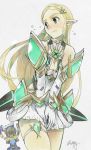  1girl armor bare_shoulders blonde_hair blush bodysuit braid breasts cleavage cleavage_cutout cosplay covering covering_crotch crossover crown_braid diving_helmet dress elbow_gloves embarrassed gloves green_eyes hair_ornament hairclip hanabusa_(xztr3448) helmet highres hikari_(xenoblade_2) hikari_(xenoblade_2)_(cosplay) link long_hair medium_breasts pointy_ears princess_zelda rex_(xenoblade_2) rex_(xenoblade_2)_(cosplay) short_dress signature solo_focus the_legend_of_zelda the_legend_of_zelda:_breath_of_the_wild very_long_hair white_dress xenoblade_(series) xenoblade_2 