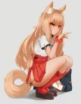  absurdres animal_ear_fluff animal_ears bag bag_charm bangs black_footwear blonde_hair blush cellphone charm_(object) closed_mouth commission ehrrr eyebrows_visible_through_hair fate/extra fate_(series) fox_ears fox_girl fox_shadow_puppet fox_tail from_side full_body grey_background high-waist_skirt highres holding holding_phone kneehighs long_hair looking_at_viewer looking_to_the_side medium_skirt phone pouty_lips red_legwear red_scrunchie red_skirt ribbon-trimmed_skirt ribbon_trim school_bag scrunchie shirt shoes short_sleeves simple_background skirt smartphone solo squatting suzuka_gozen_(fate) tail thighs tsurime very_long_hair white_background white_shirt wrist_scrunchie yellow_eyes 