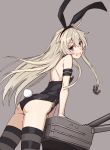  :d ahoge alternate_costume anchor_symbol animal_ears arm_strap ass bangs bare_shoulders black_hairband black_leotard blonde_hair brown_eyes bunny_ears bunny_tail bunnysuit eyebrows_visible_through_hair fake_animal_ears fake_tail from_side grey_background hairband highres kantai_collection leaning_forward leotard long_hair looking_at_viewer looking_to_the_side open_mouth rensouhou-chan ribbon shimakaze_(kantai_collection) side-tie_leotard simple_background smile solo striped striped_legwear tail takanashi_kei_(hitsujikan) thighhighs turret very_long_hair white_ribbon 