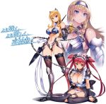  3girls airi_(queen&#039;s_blade) bikini_armor blonde_hair blue_eyes bow_panties breasts cleavage collar elina female huge_breasts humiliation knees_together_feet_apart large_breasts leina long_hair looking_at_viewer maid multiple_girls navel official_art panties queen&#039;s_blade queen&#039;s_blade_unlimited red_hair sitting smile standing tied_hair torn_clothes twintails 