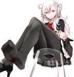  ahoge ascot black_legwear braid brooch collar collared_shirt crossed_arms crossed_legs crotch_seam fate/grand_order fate_(series) feet feet_out_of_frame from_below frown hair_between_eyes high_heels jacket jewelry long_hair long_sleeves no_shoes olga_marie_animusphere oouso pantyhose petticoat red_neckwear shirt shoes shoes_removed side_braid simple_background single_braid single_shoe sitting skirt soles solo stool thighband_pantyhose upskirt white_hair yellow_eyes 