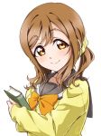  bangs blush book bow bowtie brown_eyes brown_hair closed_mouth collarbone commentary_request eyebrows_visible_through_hair grey_sailor_collar hair_ornament hair_scrunchie highres holding holding_book kunikida_hanamaru long_sleeves love_live! love_live!_sunshine!! orange_bow orange_neckwear polka_dot polka_dot_scrunchie ponytail sailor_collar scrunchie sidelocks signature simple_background sleeves_past_wrists smile solo sweater takeya_yuuki tareme upper_body white_background yellow_sweater 